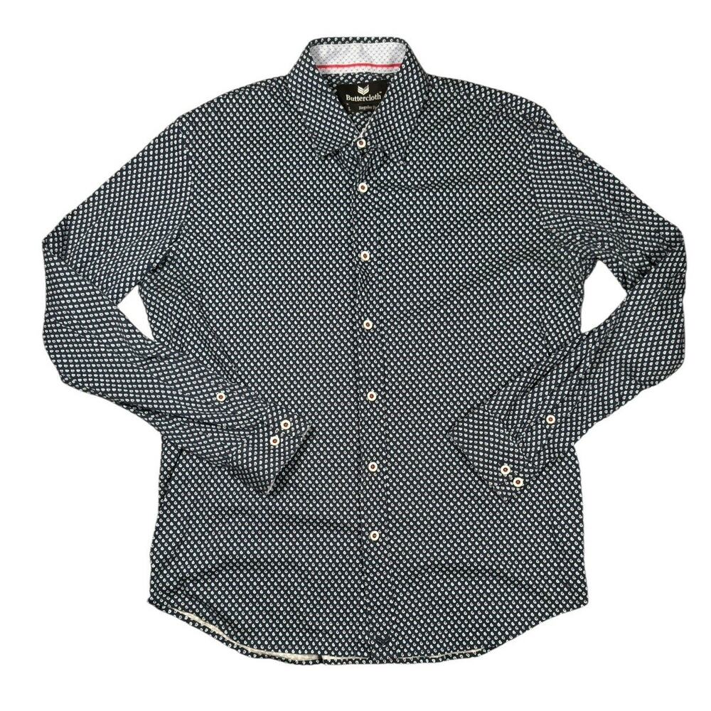 Buttercloth Long Sleeve Button Up Shirt Mens Large Regular Fit Blue Pattern